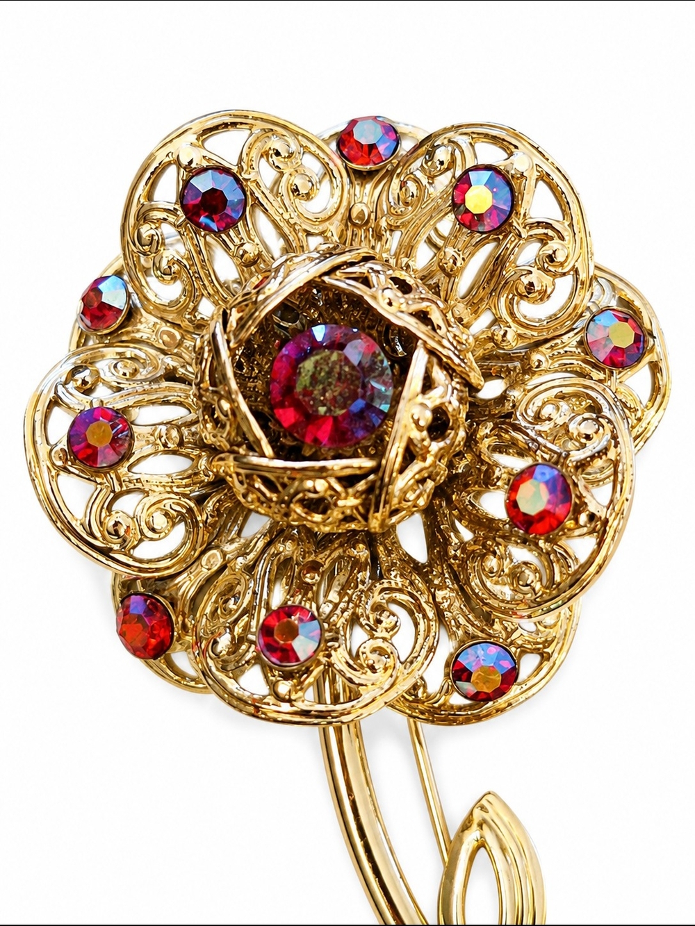 1961 Sarah Coventry Flower Red Aurora Borealis Rhinestone Brooch Pin - Picture 4 of 6